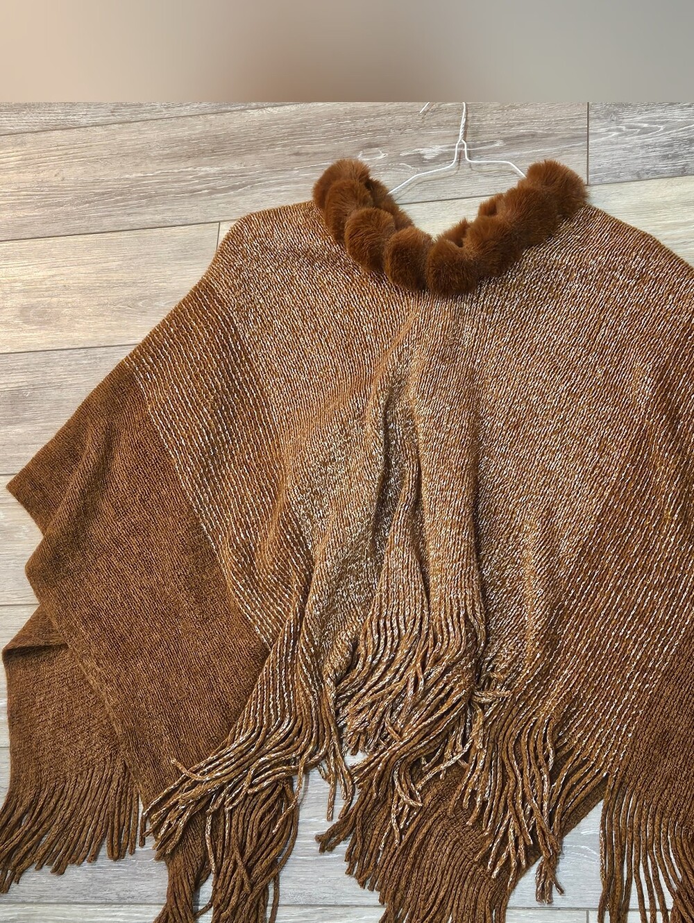 Women's Brown Fringe Poncho Sweater with Faux Fur Collar 70's